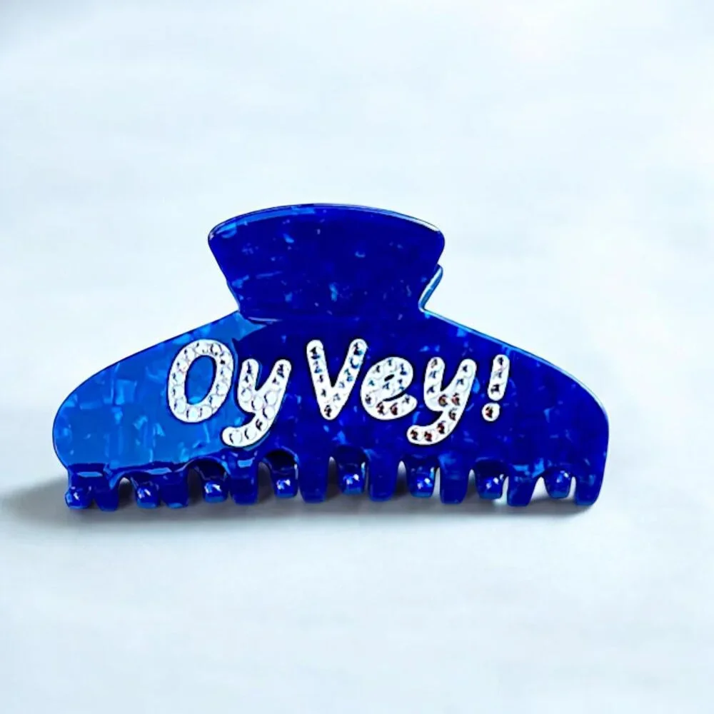 Funny “Oy Vey” Hair Claw Clip Blue Rhinestone Statement Clip Gift NWT / Sealed